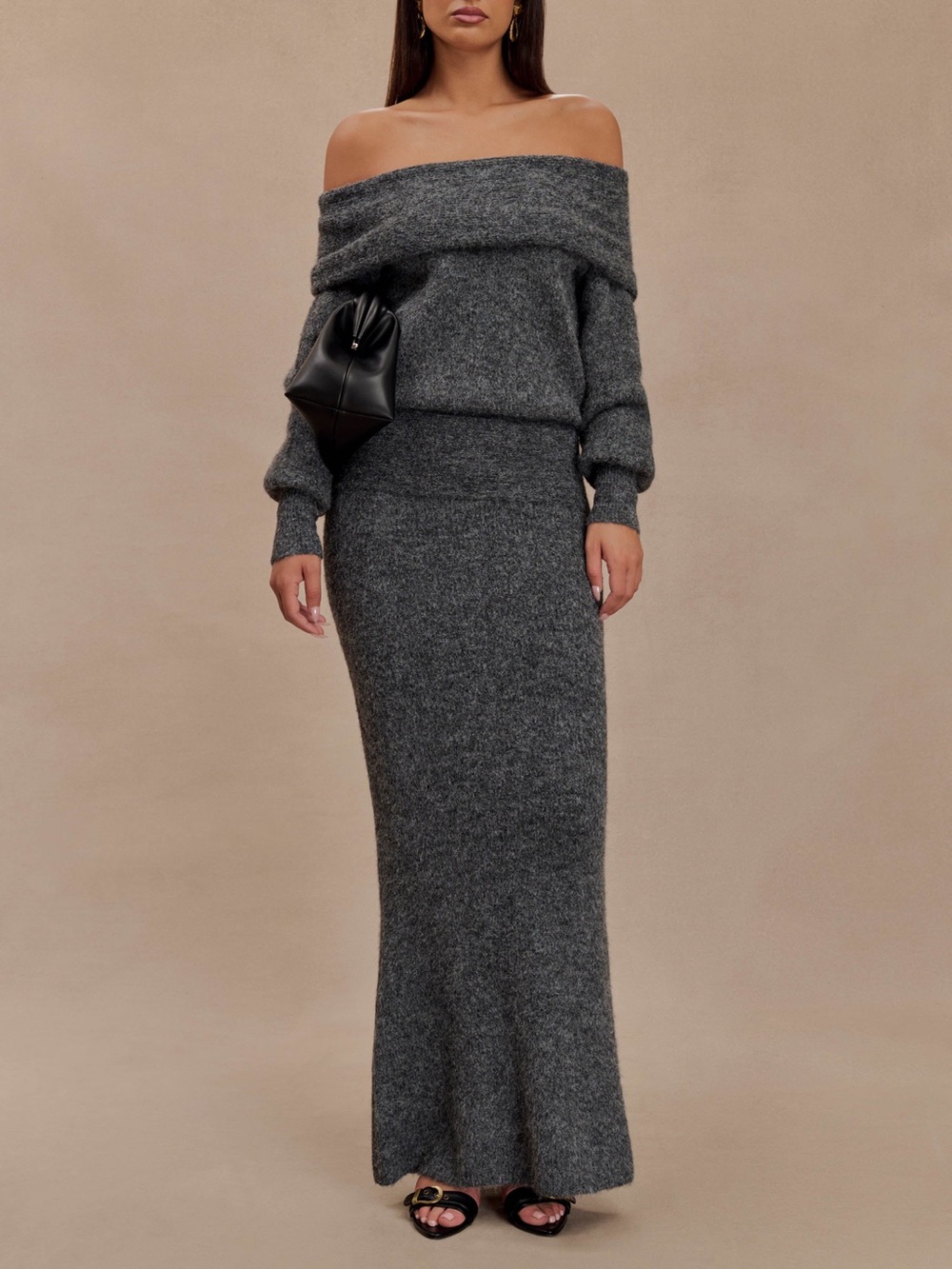 MESHKI | Charlotte Knit Skirt Set in Charcoal Marle | Size M